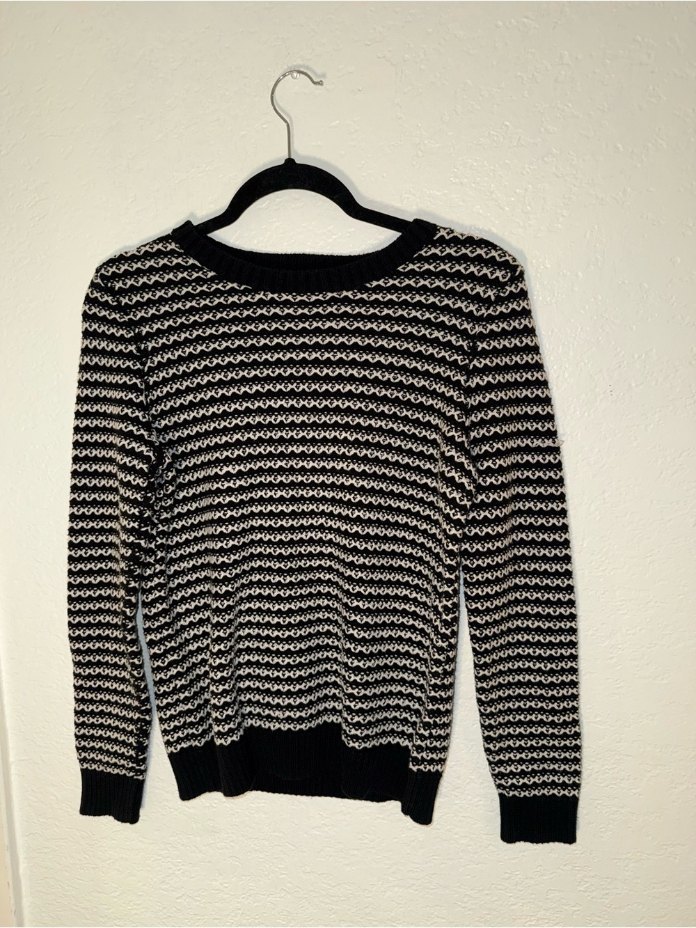 Charter Club Black and Cream Striped Crewneck Sweater